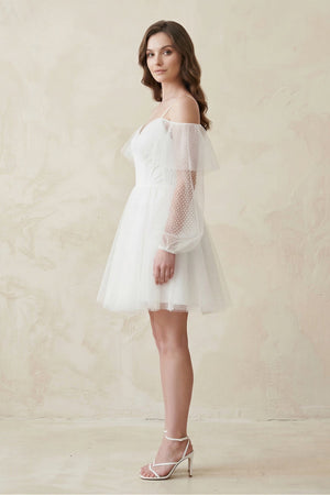 Cold - Shoulder A - Line Tulle Mini Wedding Dress With Sleeves in White - KISS BRIDAL Wedding Dresses