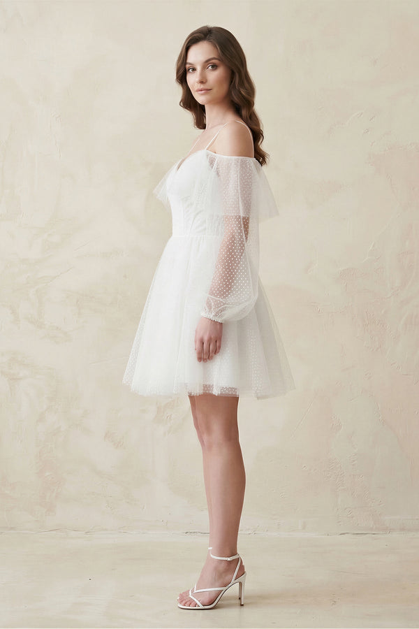 Cold - Shoulder A - Line Tulle Mini Wedding Dress With Sleeves in White - KISS BRIDAL Wedding Dresses