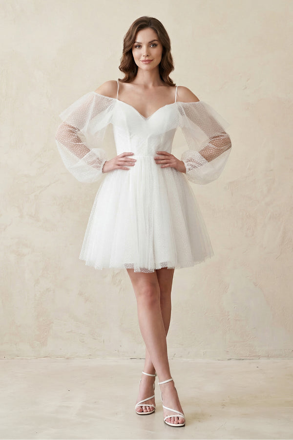 Cold - Shoulder A - Line Tulle Mini Wedding Dress With Sleeves in White - KISS BRIDAL Wedding Dresses