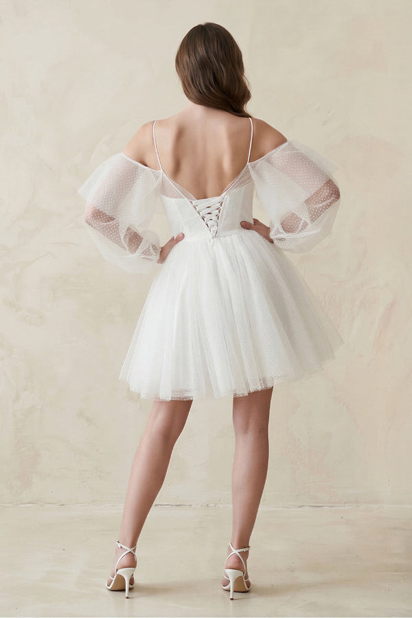 Cold - Shoulder A - Line Tulle Mini Wedding Dress With Sleeves in White - KISS BRIDAL Wedding Dresses