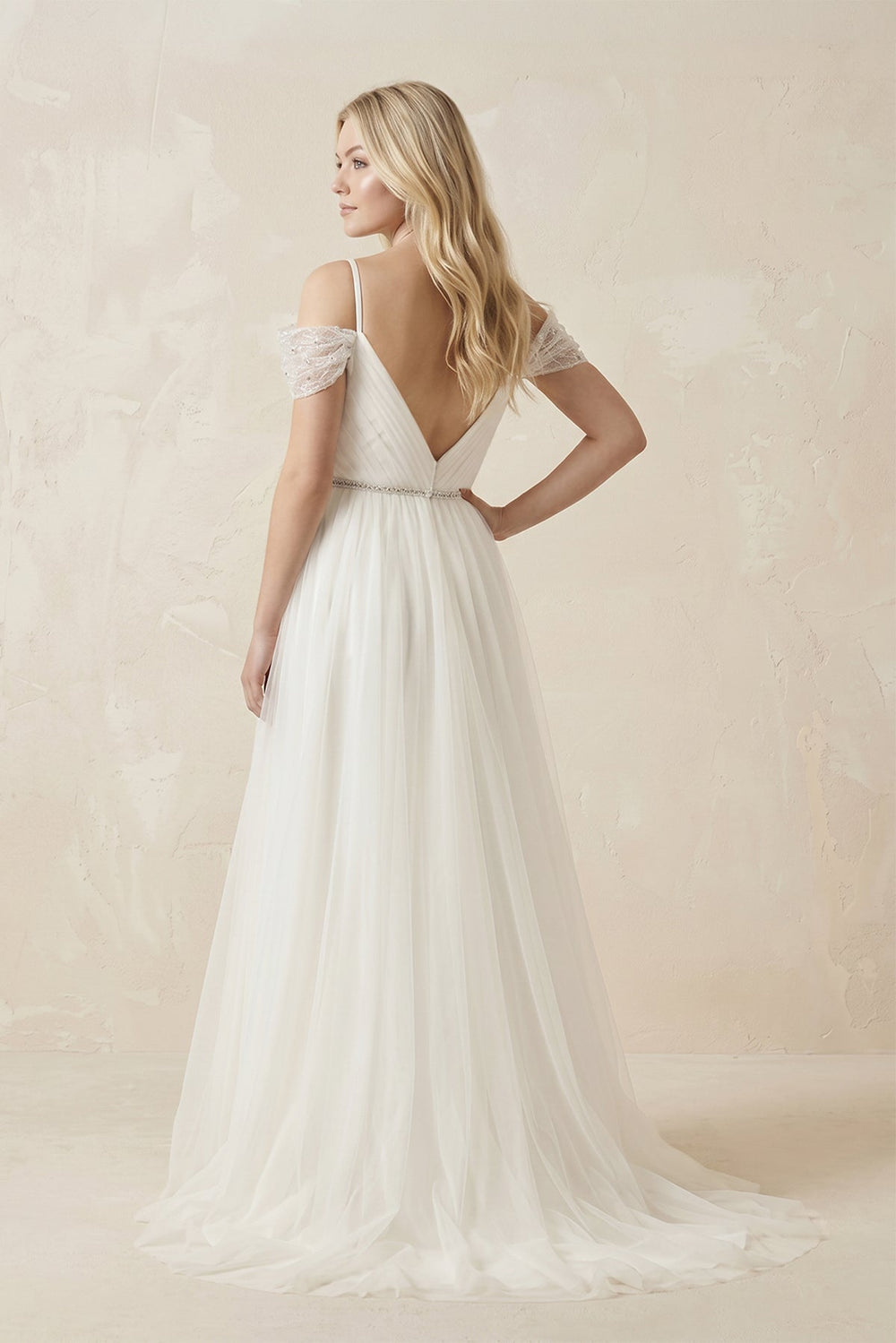 Cold Shoulder Tulle A-Line Ruched Wedding Dress in White