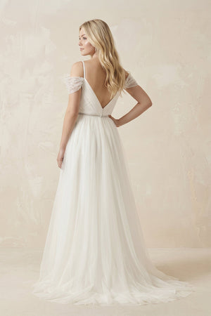 Cold Shoulder Tulle A - Line Ruched Wedding Dress in White - KISS BRIDAL Wedding Dresses