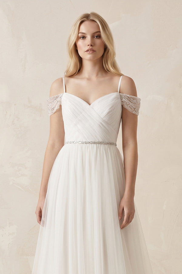 Cold Shoulder Tulle A - Line Ruched Wedding Dress in White - KISS BRIDAL Wedding Dresses