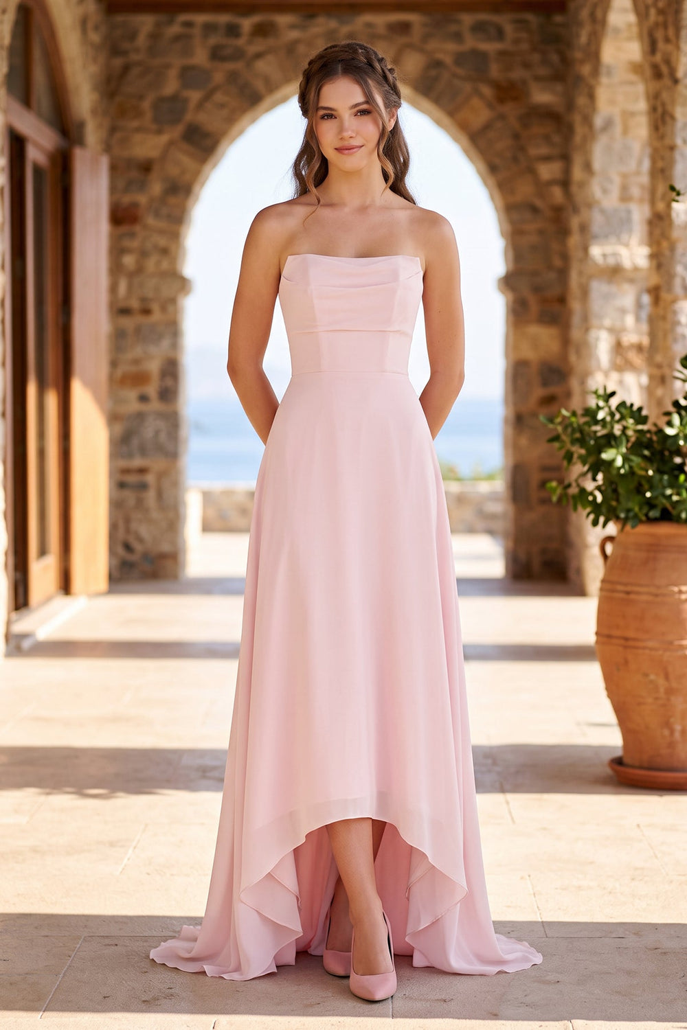 Cowl Neck High Low Wedding Guest Dress in Pink