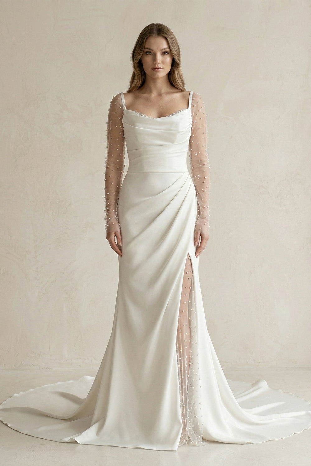 Cowl Neck Mermaid Ruched Satin Long Sleeves Wedding Dress With Slit in White