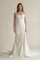 Cowl Neck Mermaid Ruched Satin Long Sleeves Wedding Dress With Slit in White - KISS BRIDAL Wedding Dresses