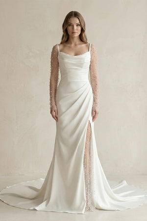 Cowl Neck Mermaid Ruched Satin Long Sleeves Wedding Dress With Slit in White - KISS BRIDAL Wedding Dresses