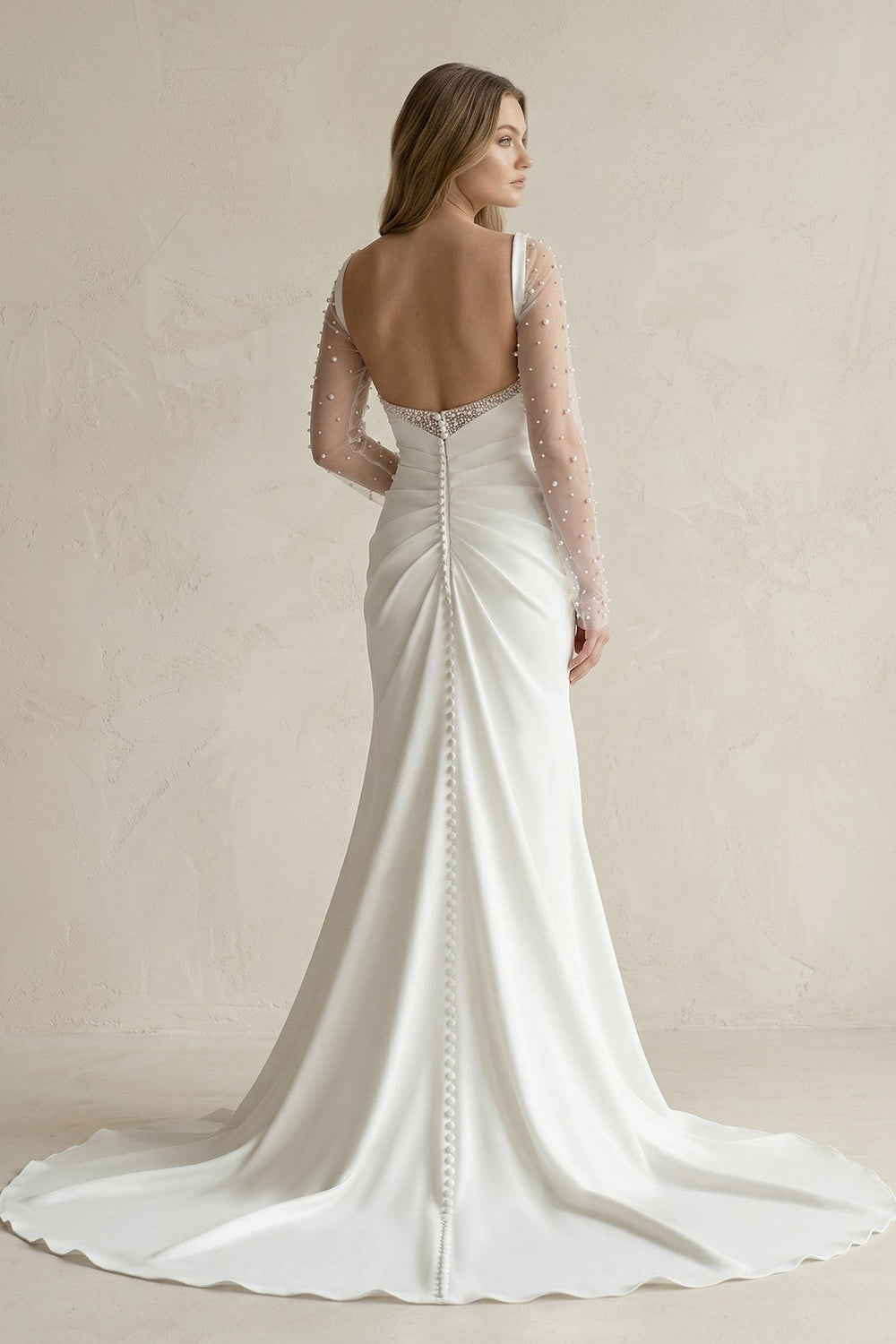 Cowl Neck Mermaid Ruched Satin Long Sleeves Wedding Dress With Slit in White