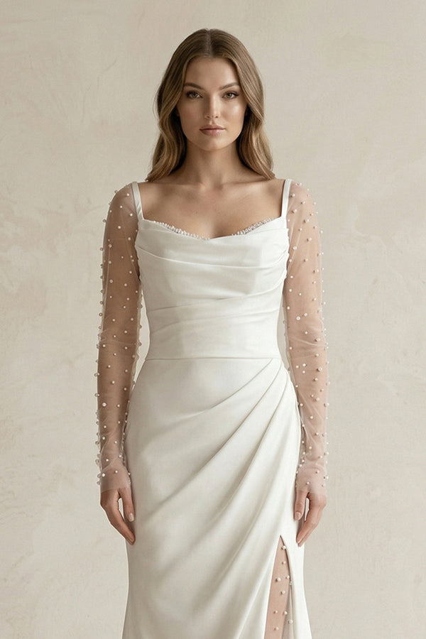 Cowl Neck Mermaid Ruched Satin Long Sleeves Wedding Dress With Slit in White - KISS BRIDAL Wedding Dresses