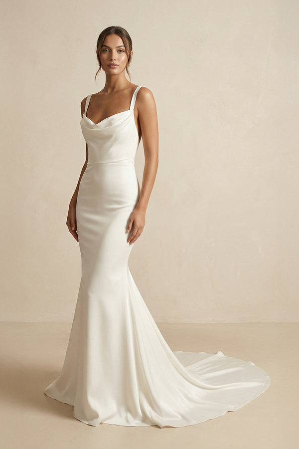 Cowl Neck Mermaid Satin Wedding Dress in Ivory - KISS BRIDAL Wedding Dresses