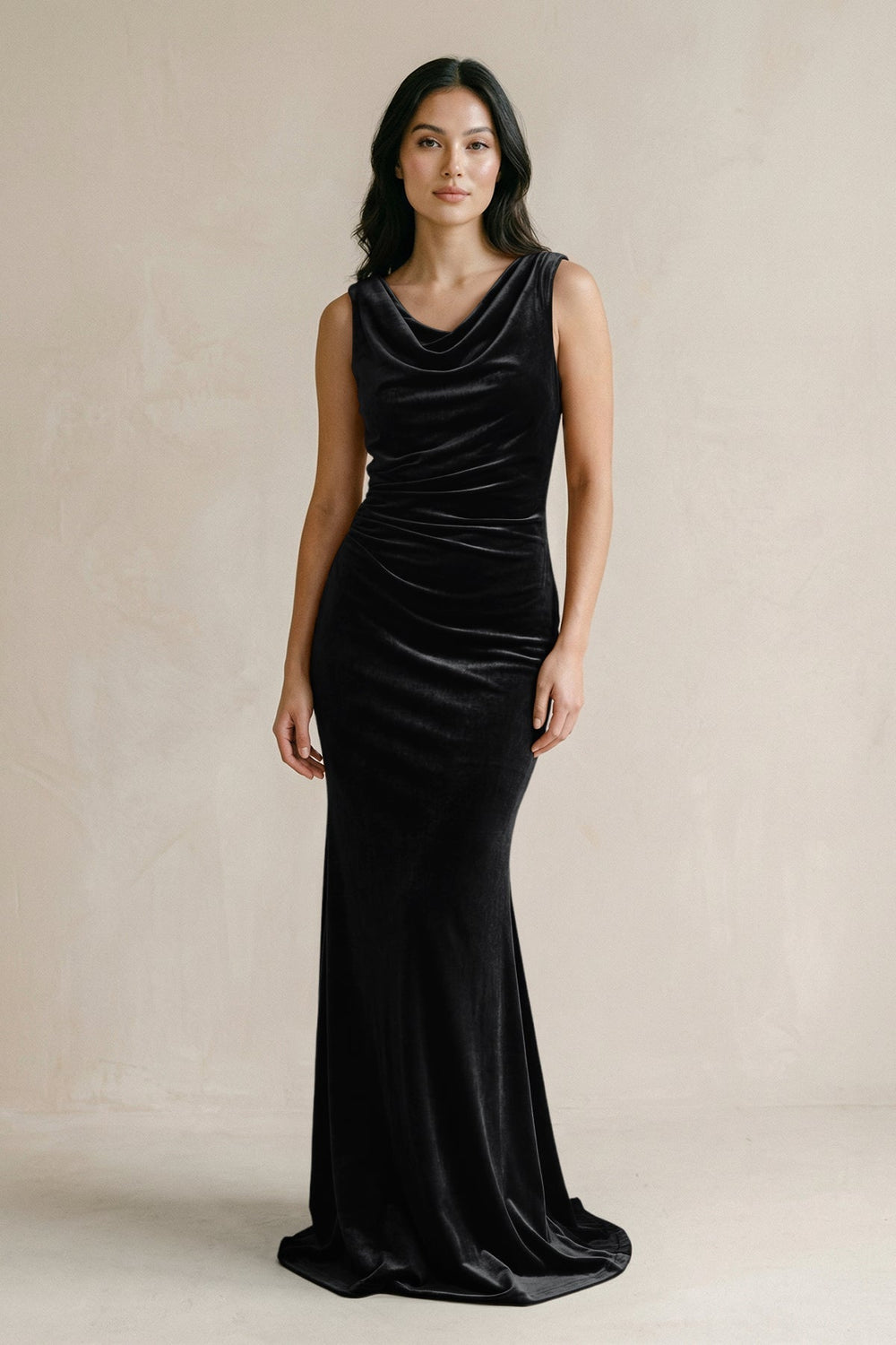 Cowl Neck Mermaid Velvet Bridesmaid Dress in Black
