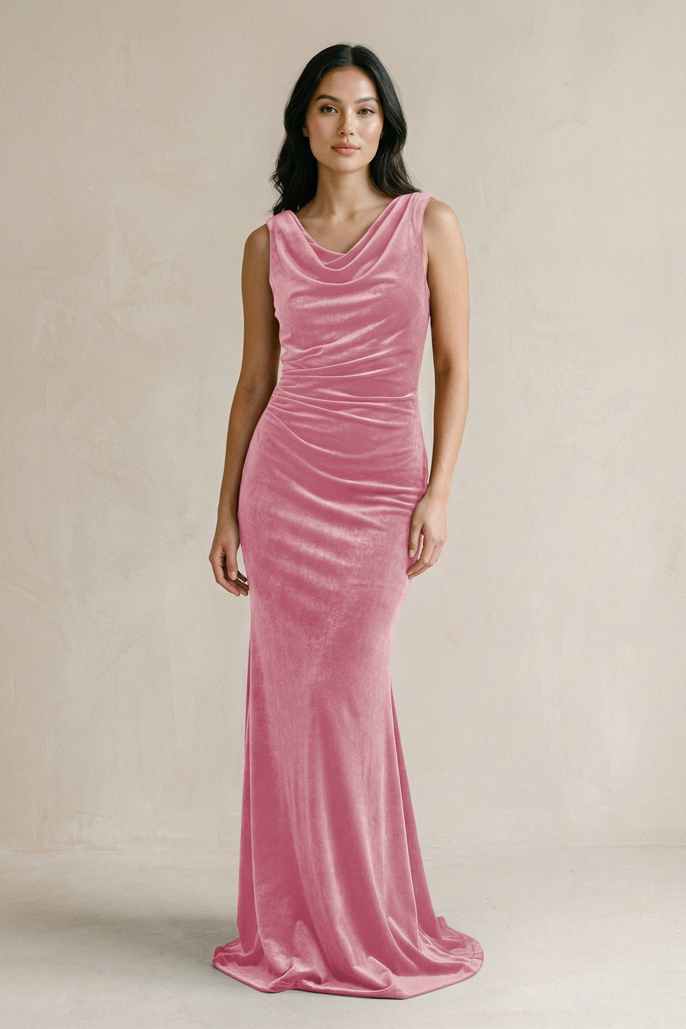 Cowl Neck Mermaid Velvet Bridesmaid Dress in Blush Pink