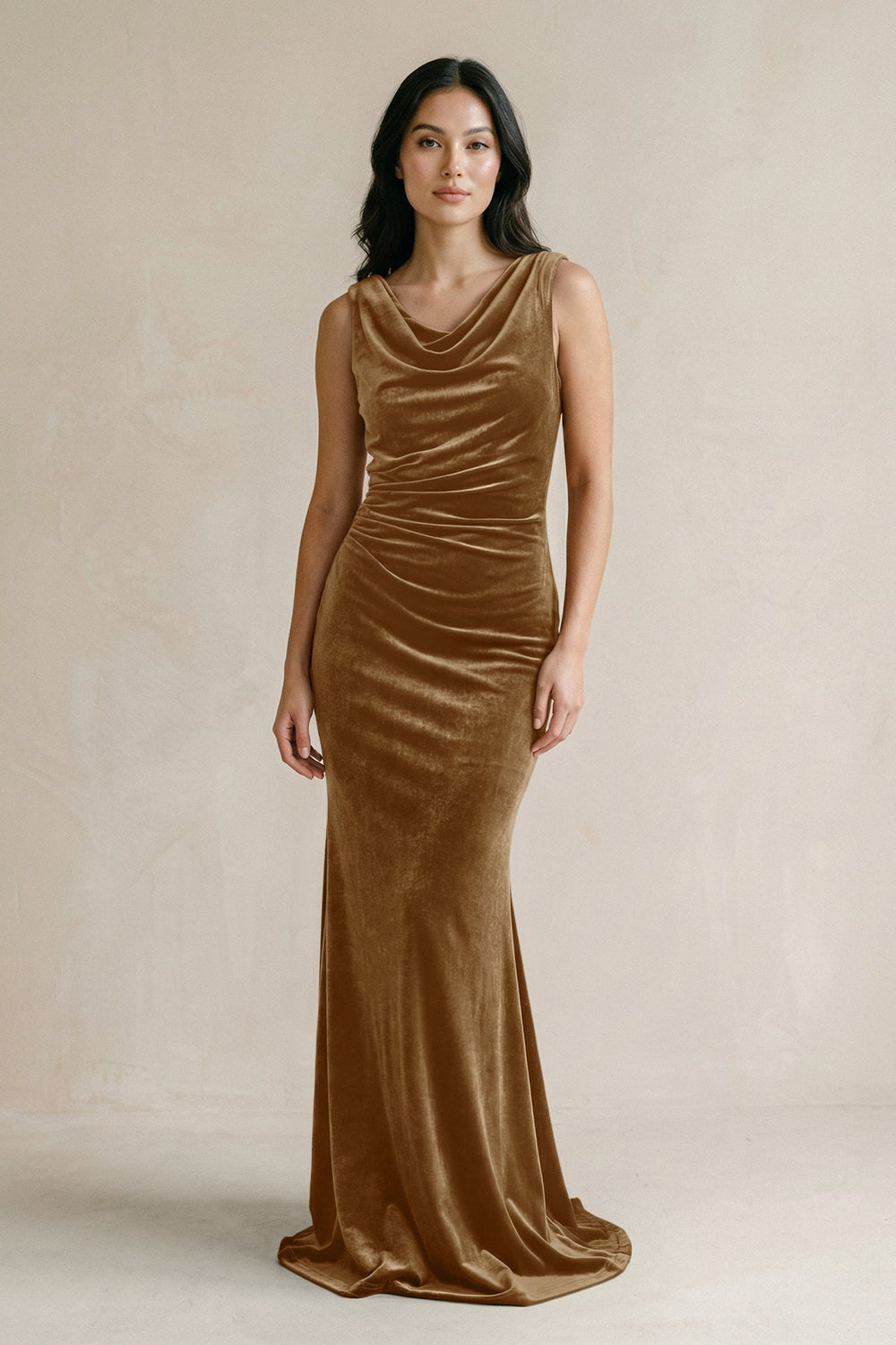 Cowl Neck Mermaid Velvet Bridesmaid Dress in Bronzer