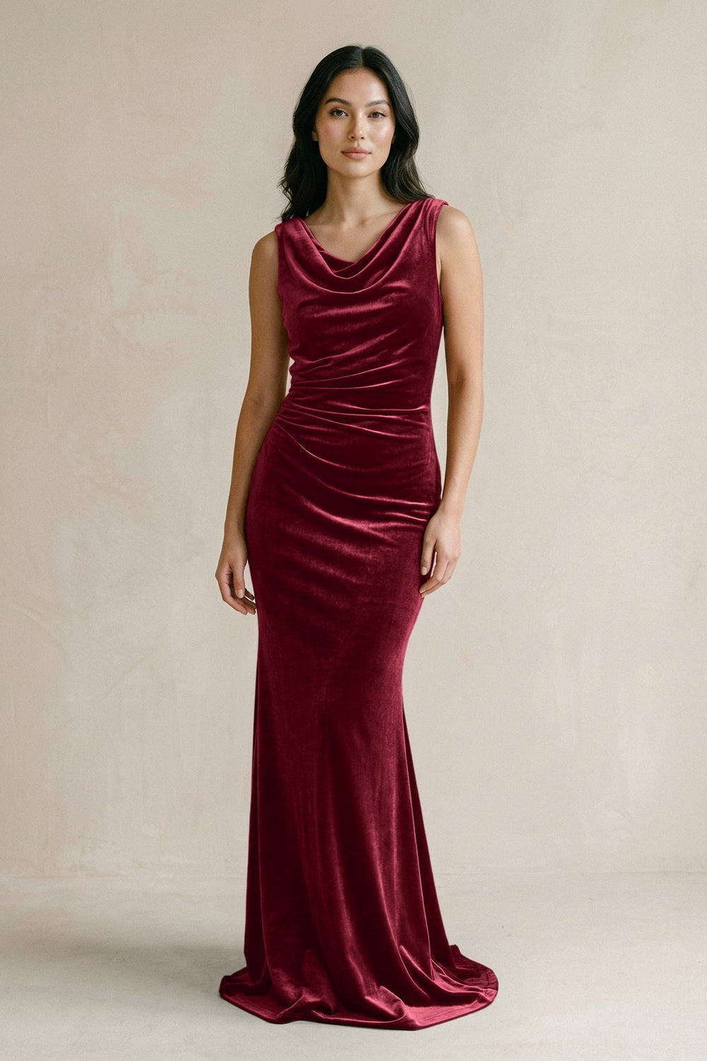 Cowl Neck Mermaid Velvet Bridesmaid Dress in Burgundy