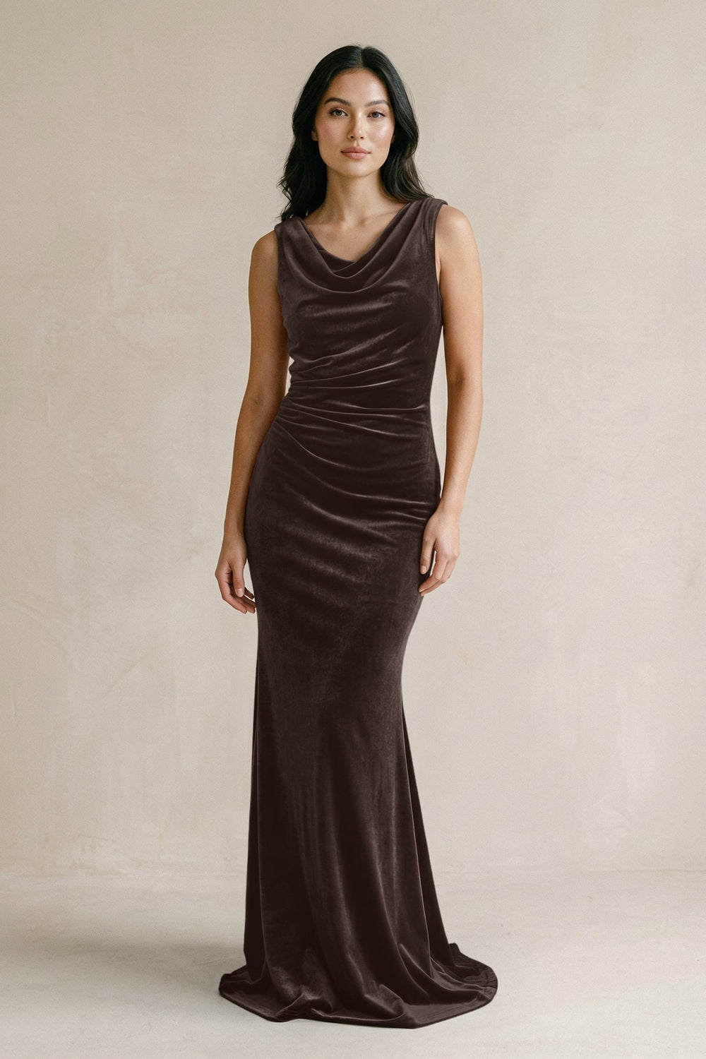 Cowl Neck Mermaid Velvet Bridesmaid Dress in Chocolate