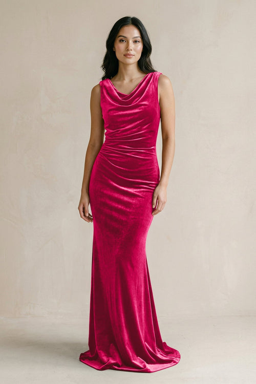 Cowl Neck Mermaid Velvet Bridesmaid Dress in Fuchsia - KISS BRIDAL Bridesmaid Dresses