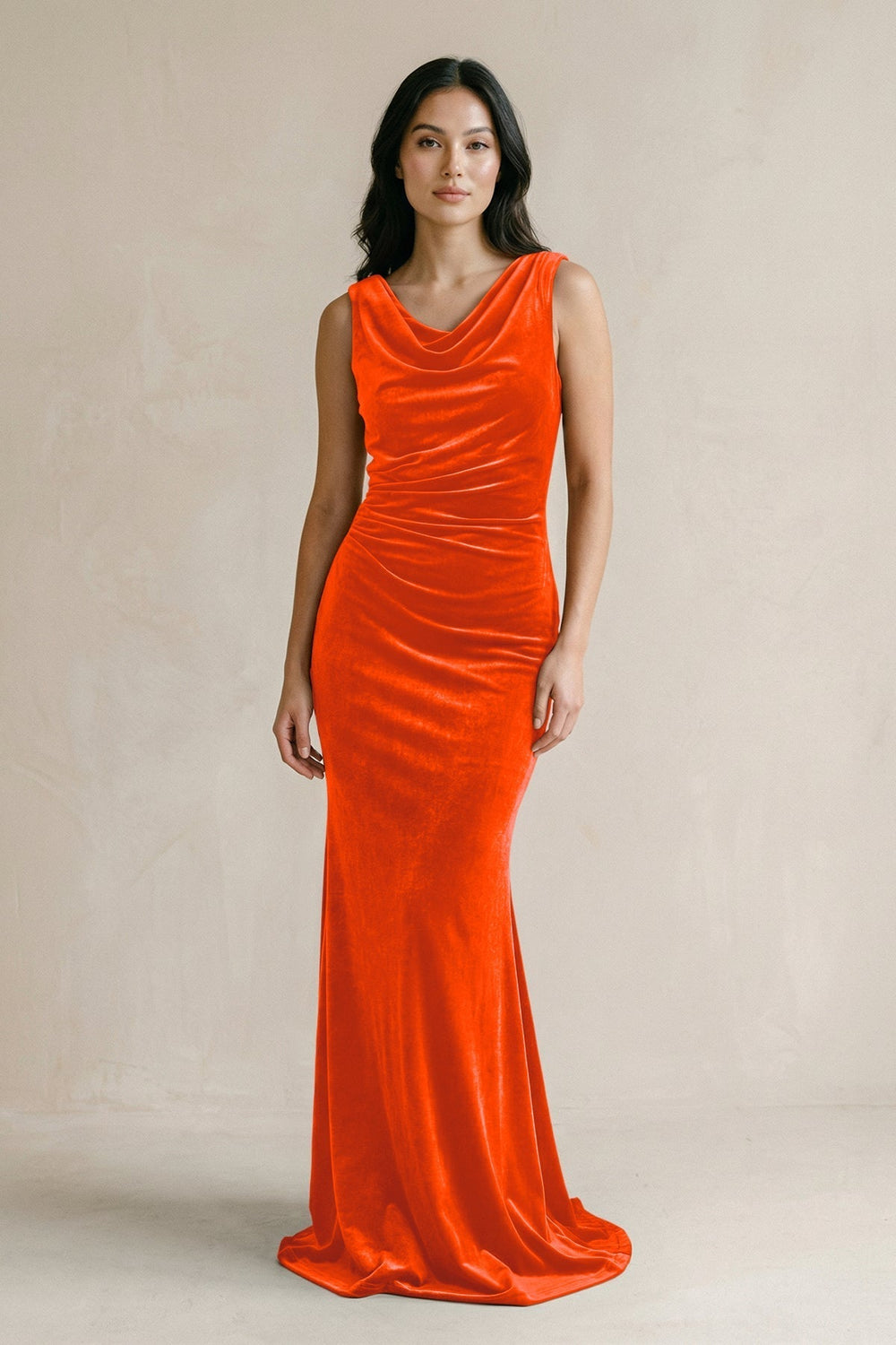 Cowl Neck Mermaid Velvet Bridesmaid Dress in Orange