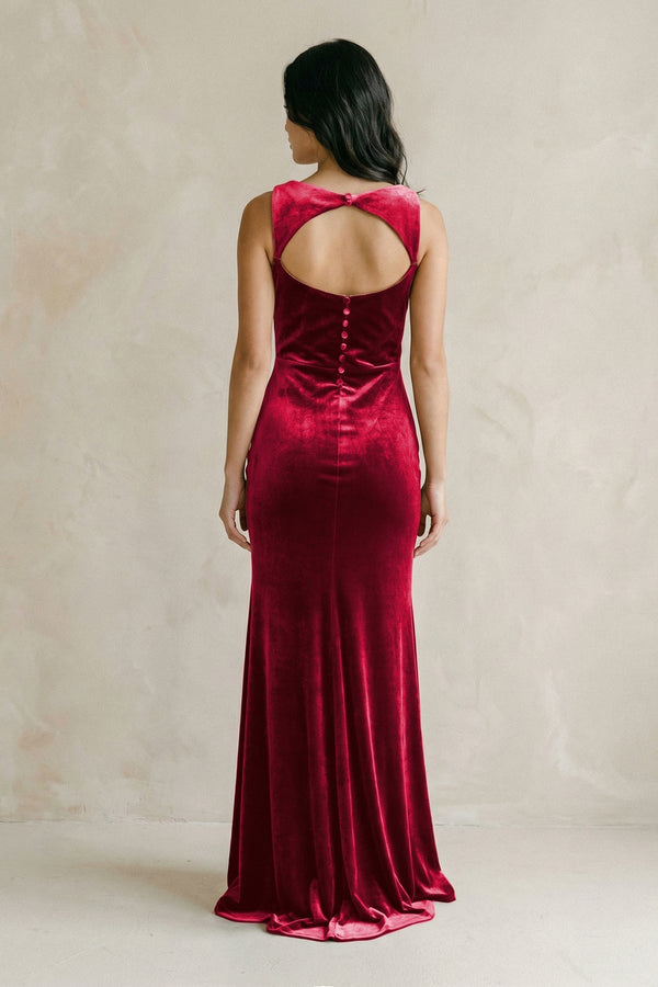 Cowl Neck Mermaid Velvet Bridesmaid Dress in Rosewood - KISS BRIDAL BRIDESMAID DRESSES