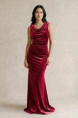 Cowl Neck Mermaid Velvet Bridesmaid Dress in Rosewood - KISS BRIDAL BRIDESMAID DRESSES