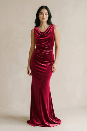 Cowl Neck Mermaid Velvet Bridesmaid Dress in Rosewood - KISS BRIDAL BRIDESMAID DRESSES