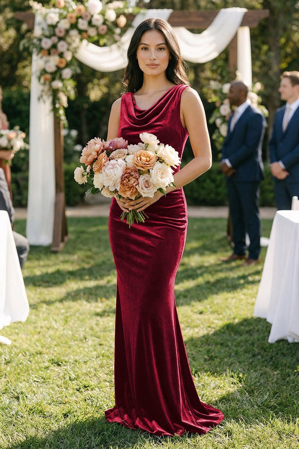 Cowl Neck Mermaid Velvet Bridesmaid Dress in Rosewood - KISS BRIDAL BRIDESMAID DRESSES