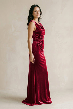 Cowl Neck Mermaid Velvet Bridesmaid Dress in Rosewood - KISS BRIDAL BRIDESMAID DRESSES