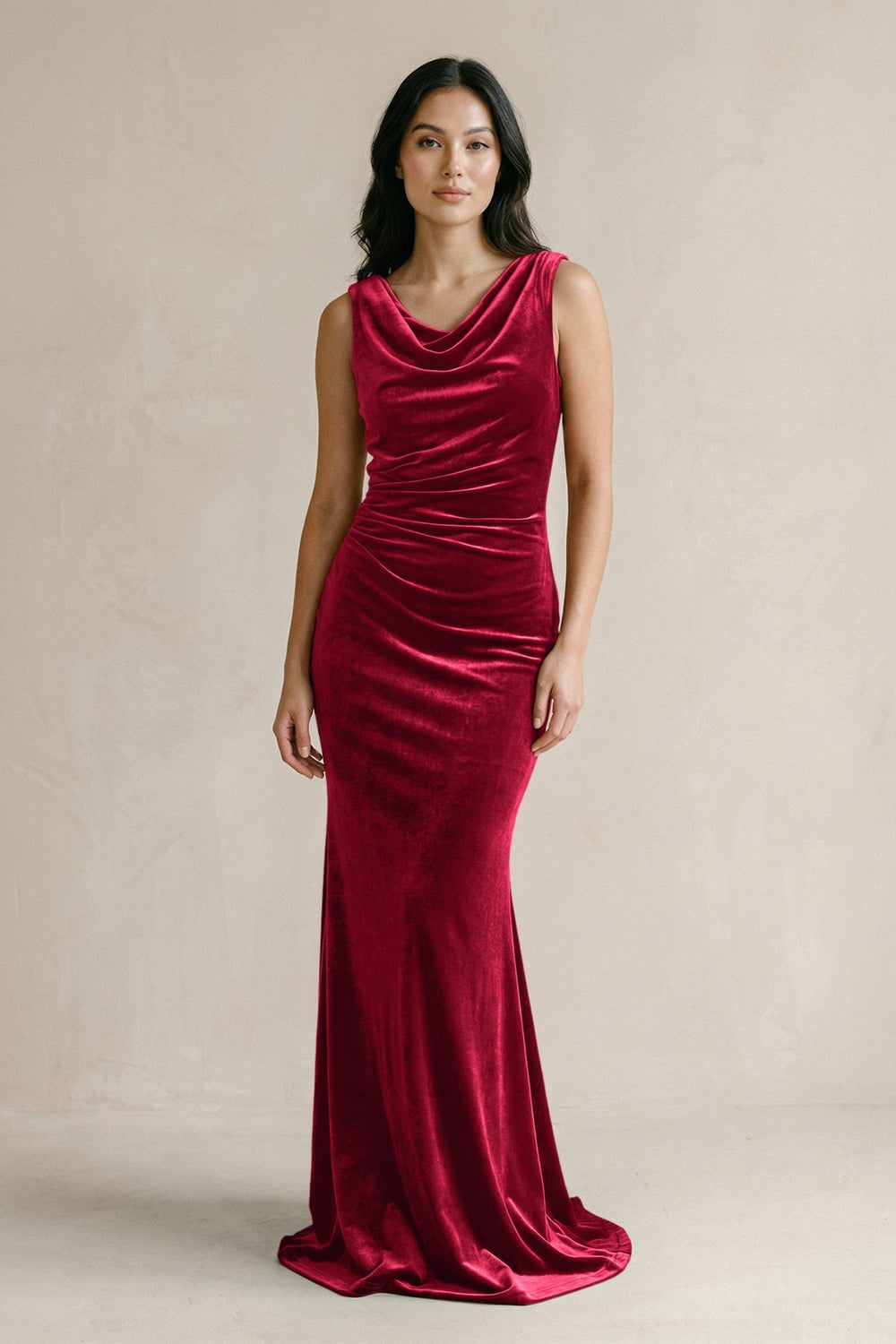 Cowl Neck Mermaid Velvet Bridesmaid Dress in Ruby Red