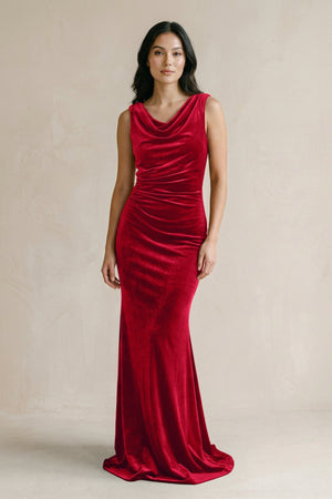 Cowl Neck Mermaid Velvet Bridesmaid Dress in Spice - KISS BRIDAL Bridesmaid Dresses