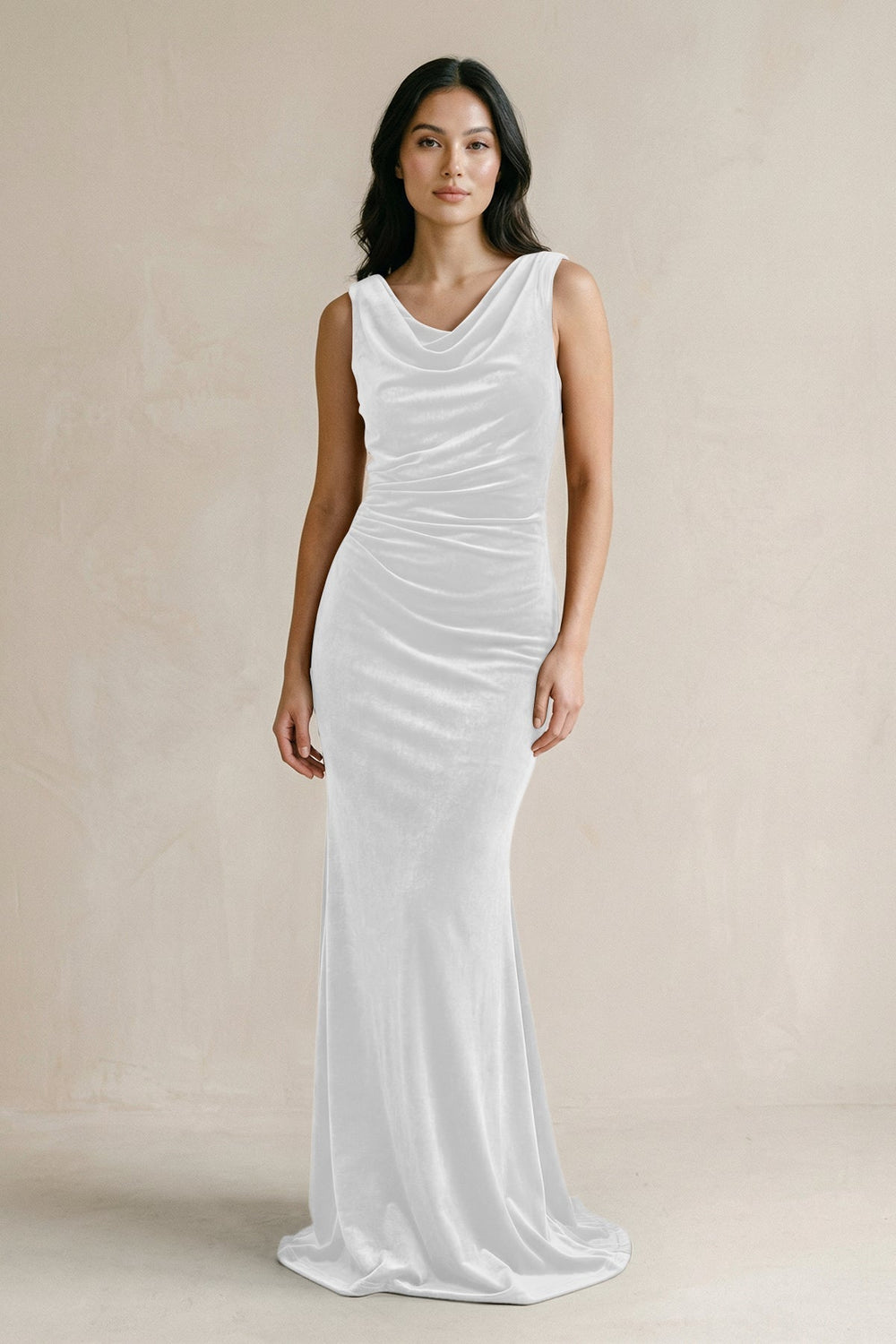 Cowl Neck Mermaid Velvet Bridesmaid Dress in White