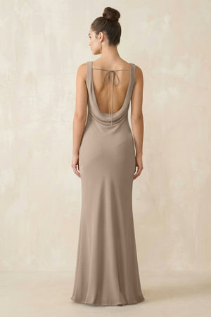 Cowl Neck Sheath Chiffon Bridesmaid Dress in Almond (2) | KISSBRIDAL