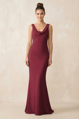 Cowl Neck Sheath Chiffon Bridesmaid Dress in Berry | KISSBRIDAL