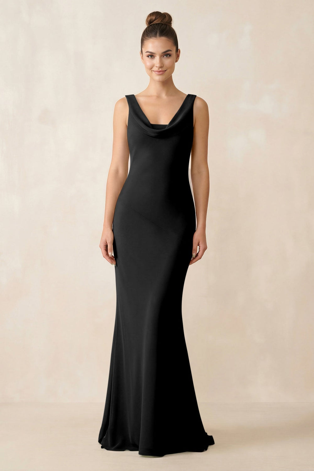Cowl Neck Sheath Chiffon Bridesmaid Dress in Black