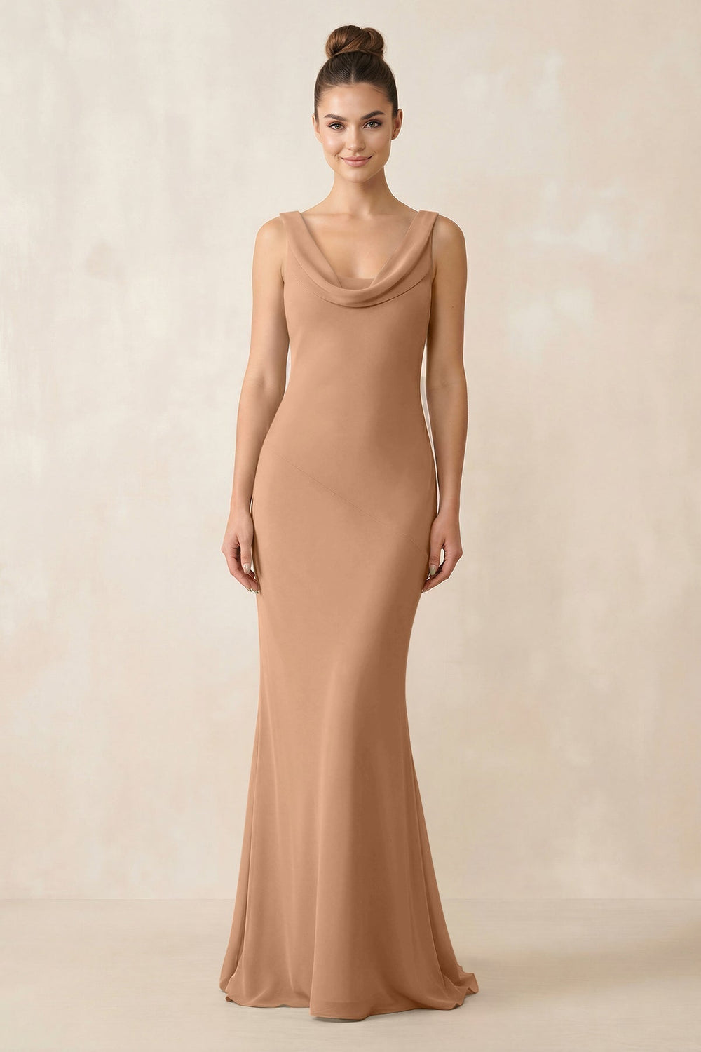 Cowl Neck Sheath Chiffon Bridesmaid Dress in Bronzer