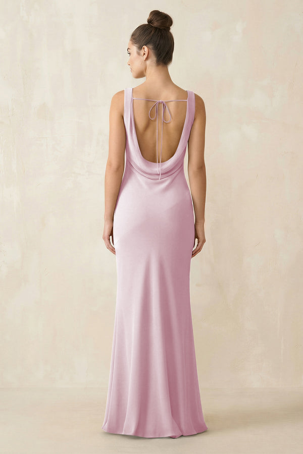 Cowl Neck Sheath Chiffon Bridesmaid Dress in Candy Pink (2) | KISSBRIDAL