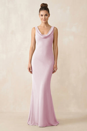 Cowl Neck Sheath Chiffon Bridesmaid Dress in Candy Pink | KISSBRIDAL