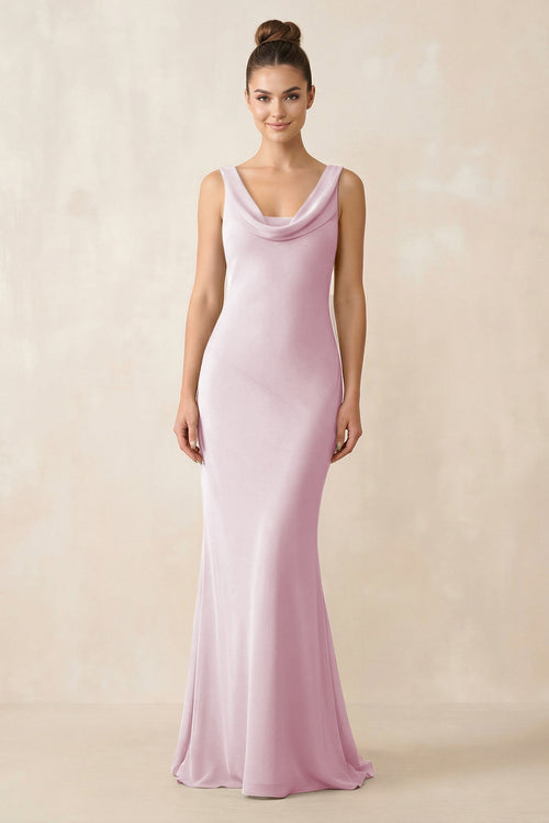 Cowl Neck Sheath Chiffon Bridesmaid Dress in Candy Pink | KISSBRIDAL