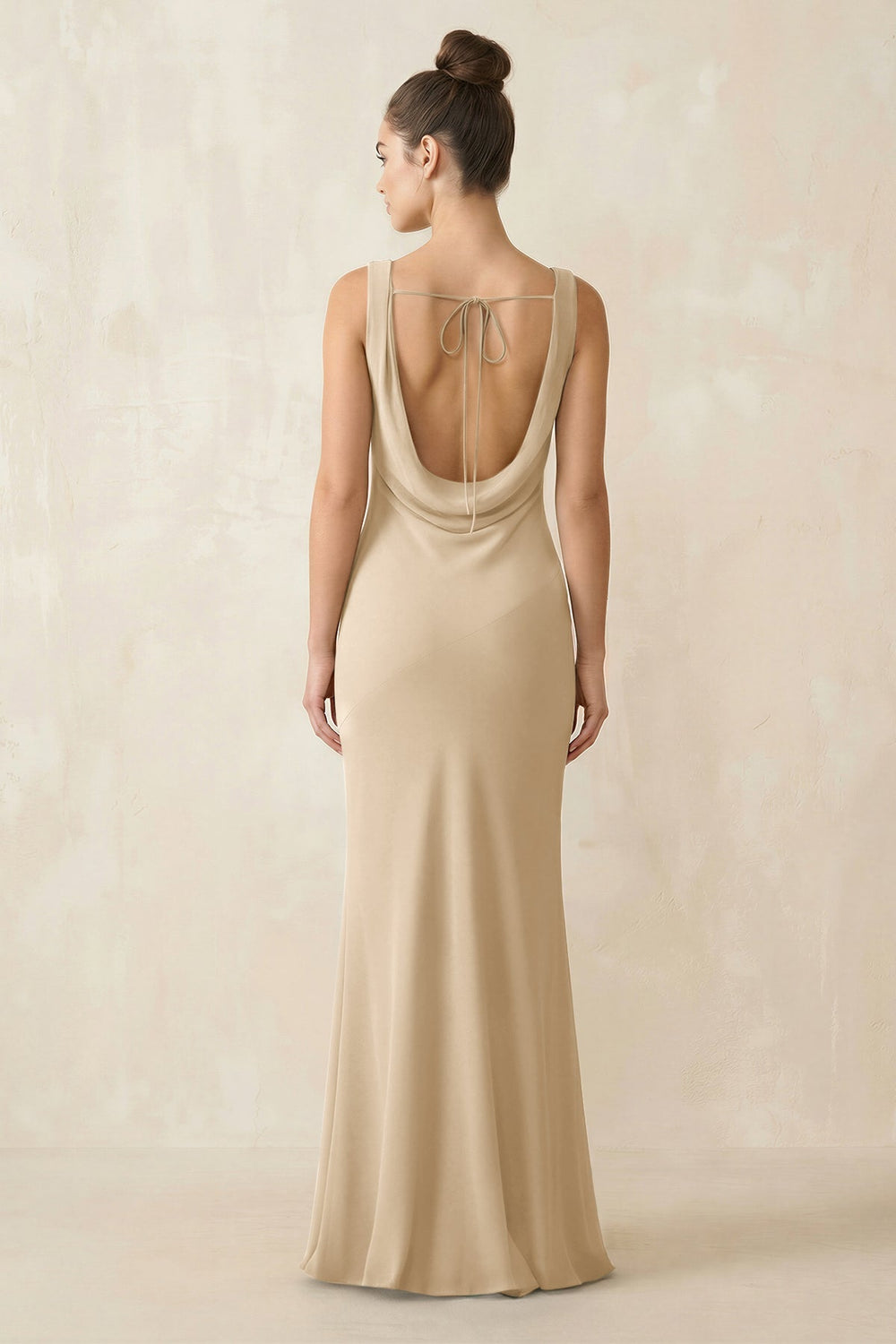 Cowl Neck Sheath Chiffon Bridesmaid Dress in Champagne