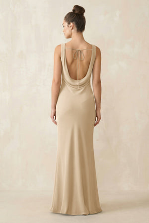 Cowl Neck Sheath Chiffon Bridesmaid Dress in Champagne (2) | KISSBRIDAL