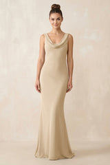 Cowl Neck Sheath Chiffon Bridesmaid Dress in Champagne | KISSBRIDAL