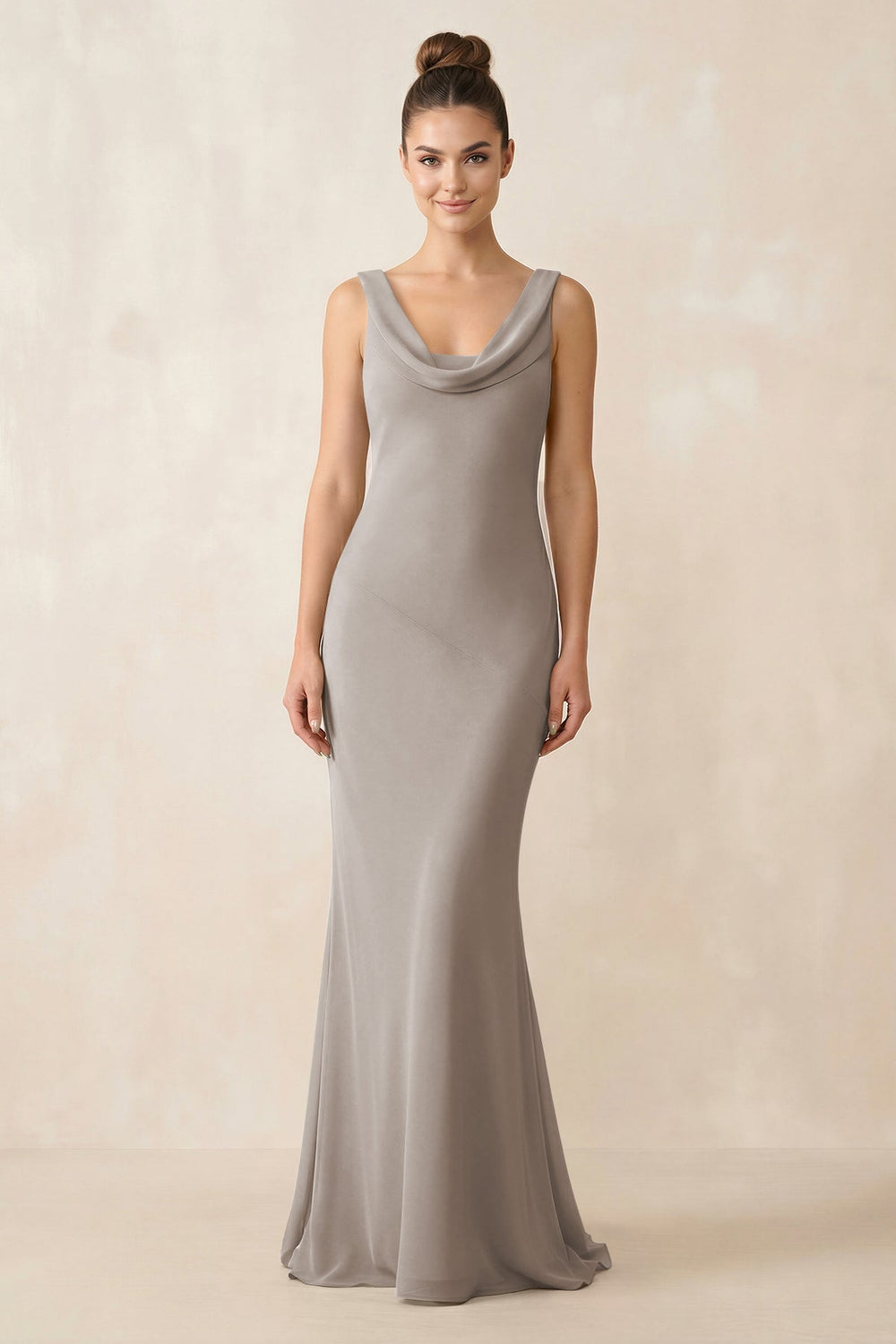 Cowl Neck Sheath Chiffon Bridesmaid Dress in Frost