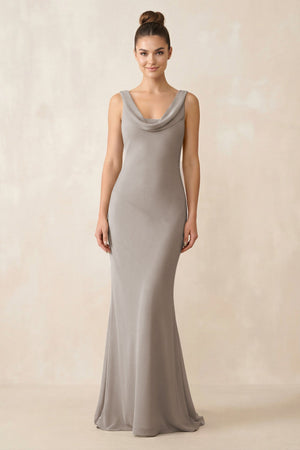 Cowl Neck Sheath Chiffon Bridesmaid Dress in Frost - KISS BRIDAL Bridesmaid Dresses