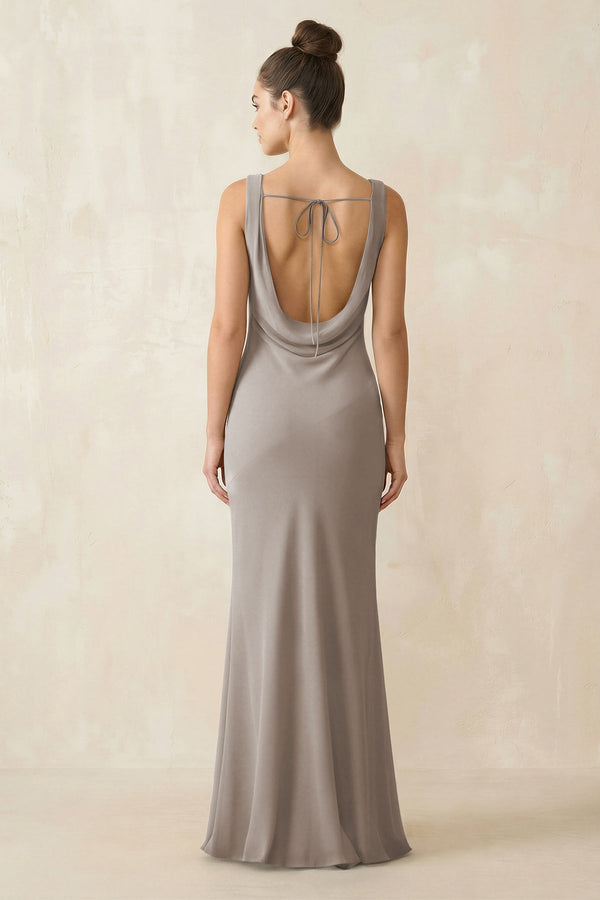 Cowl Neck Sheath Chiffon Bridesmaid Dress in Frost - KISS BRIDAL Bridesmaid Dresses