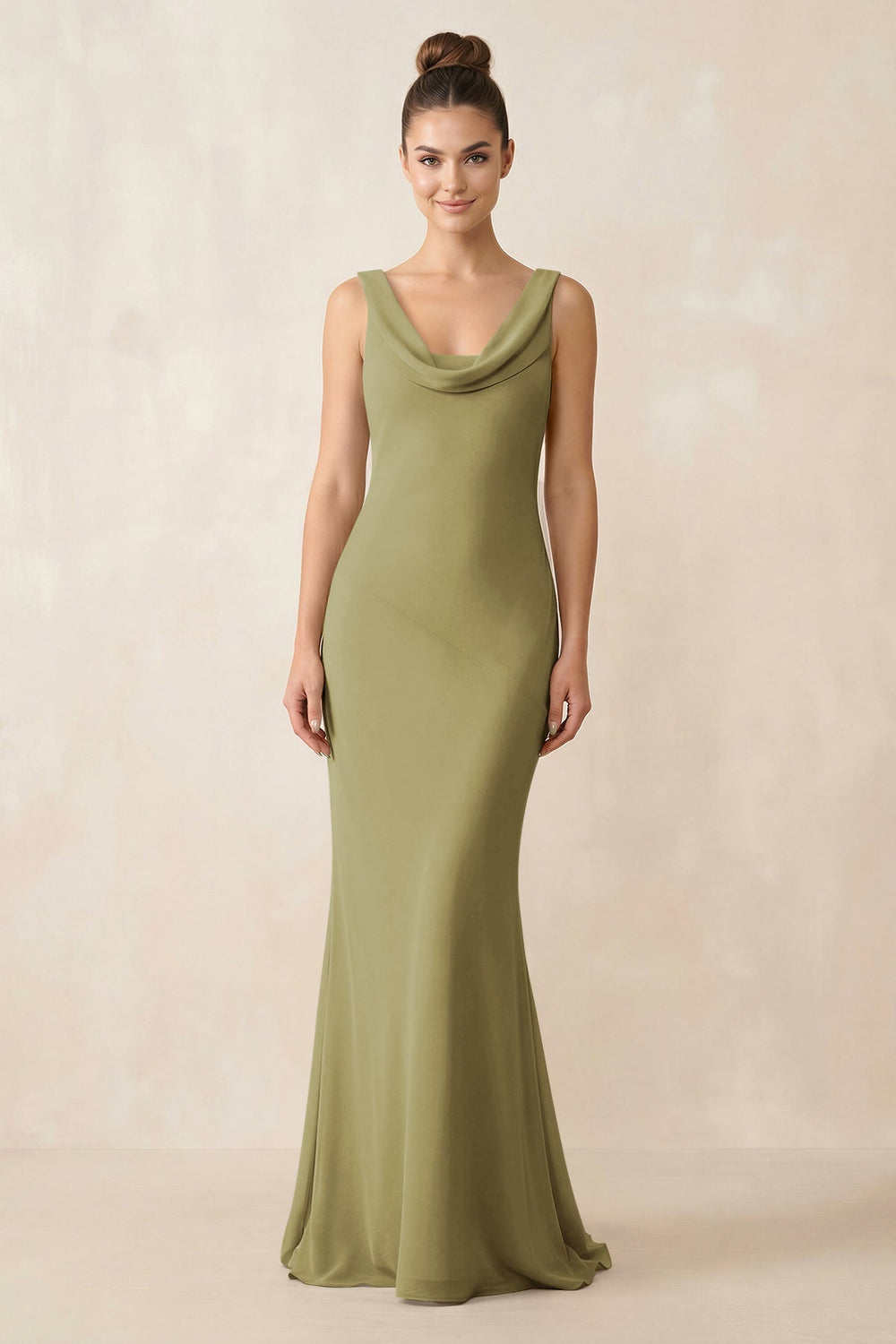 Cowl Neck Sheath Chiffon Bridesmaid Dress in Moss Green