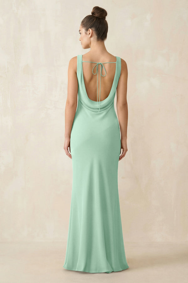 Cowl Neck Sheath Chiffon Bridesmaid Dress in Pale Pistachio (2) | KISSBRIDAL