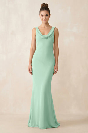 Cowl Neck Sheath Chiffon Bridesmaid Dress in Pale Pistachio | KISSBRIDAL