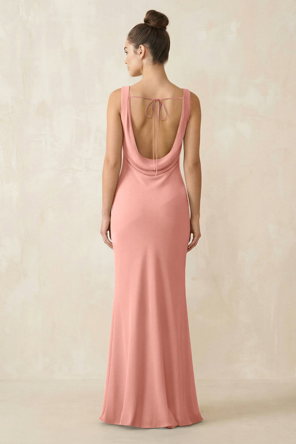 Cowl Neck Sheath Chiffon Bridesmaid Dress in Rosette (2) | KISSBRIDAL