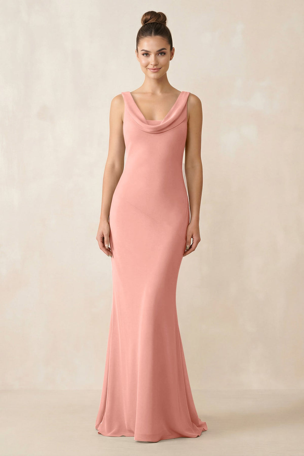 Cowl Neck Sheath Chiffon Bridesmaid Dress in Rosette