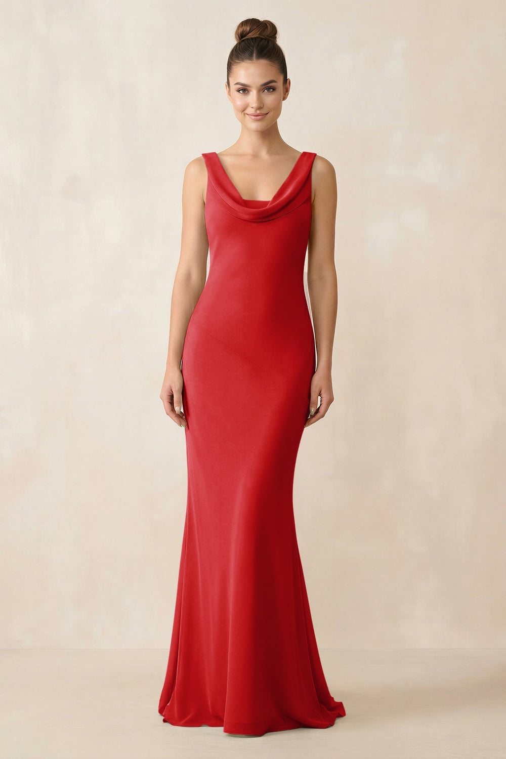 Cowl Neck Sheath Chiffon Bridesmaid Dress in Ruby Red