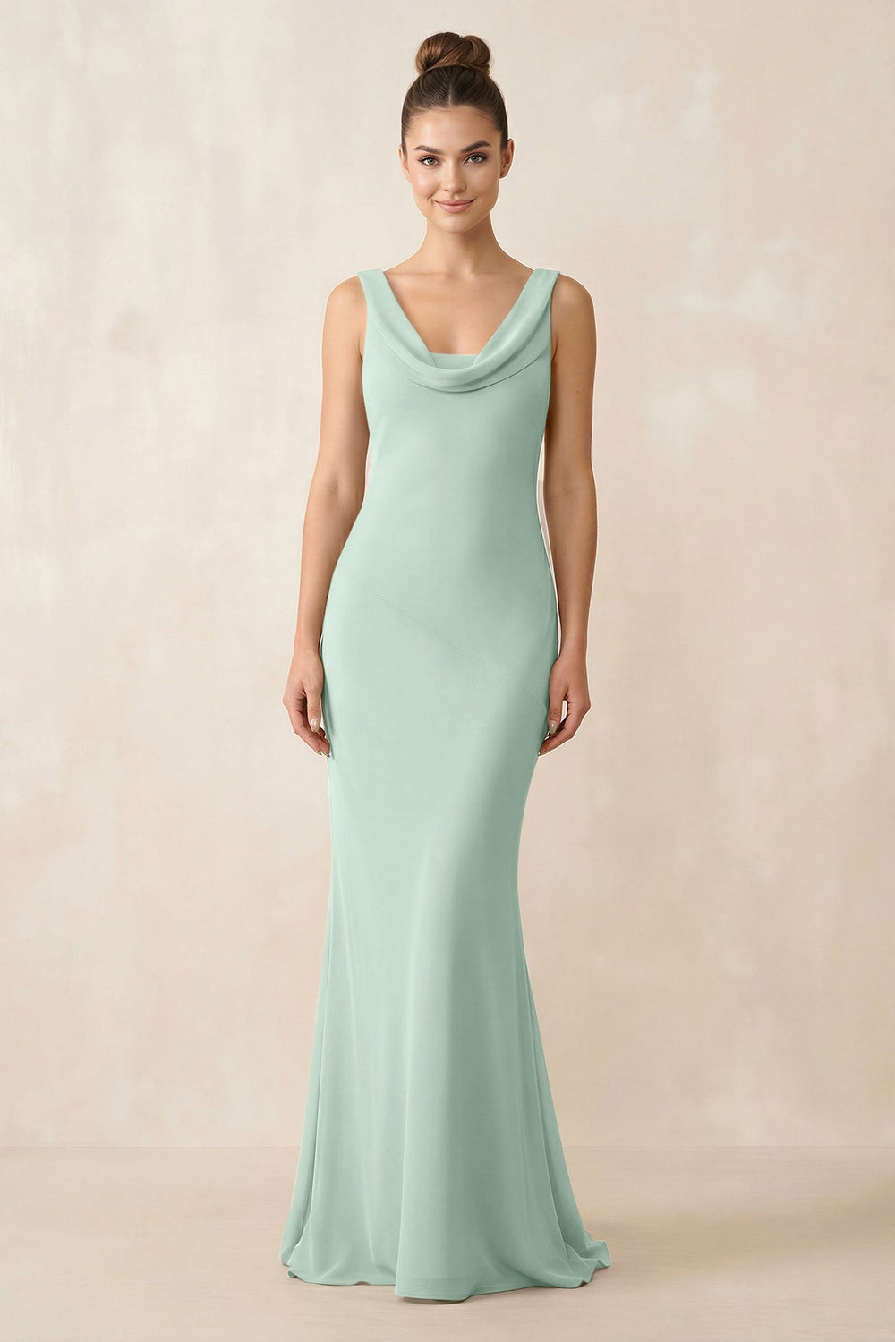 Cowl Neck Sheath Chiffon Bridesmaid Dress in Sage