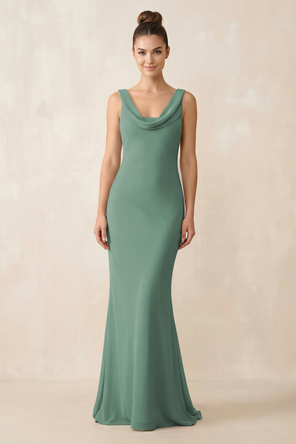 Cowl Neck Sheath Chiffon Bridesmaid Dress in Sea Glass